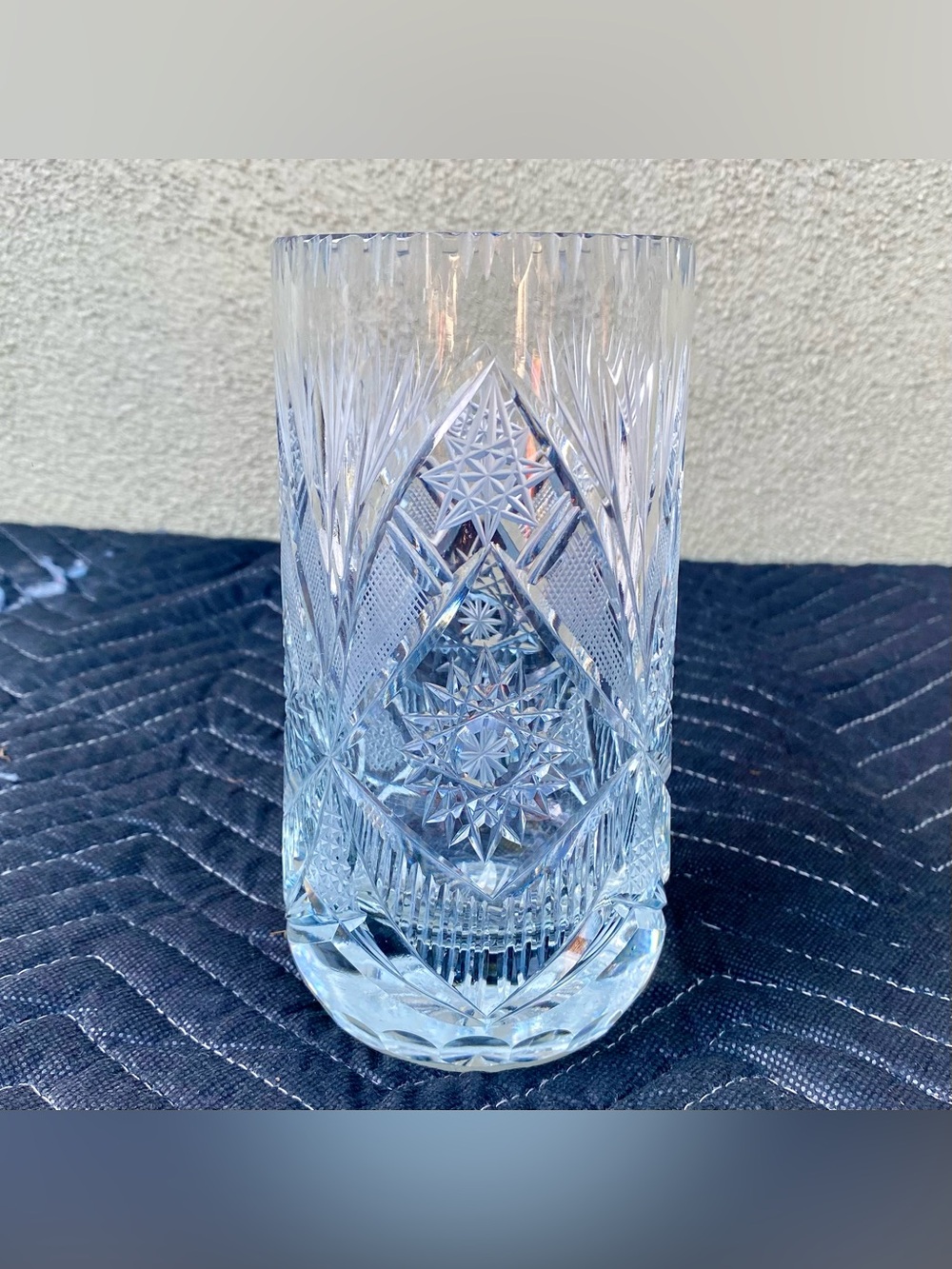 Vintage Unmarked Fine Bohemian Star Cut Crystal Vase 7”H x 3-1/2” Diameter